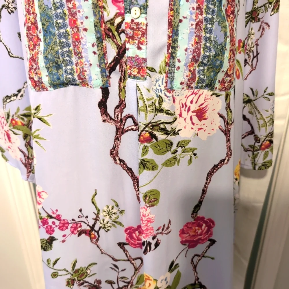 Figueroa & Flower Women's Tunic M Purple Floral 3/4 Sleeves Boho Cottage Whimsy - Picture 3 of 11